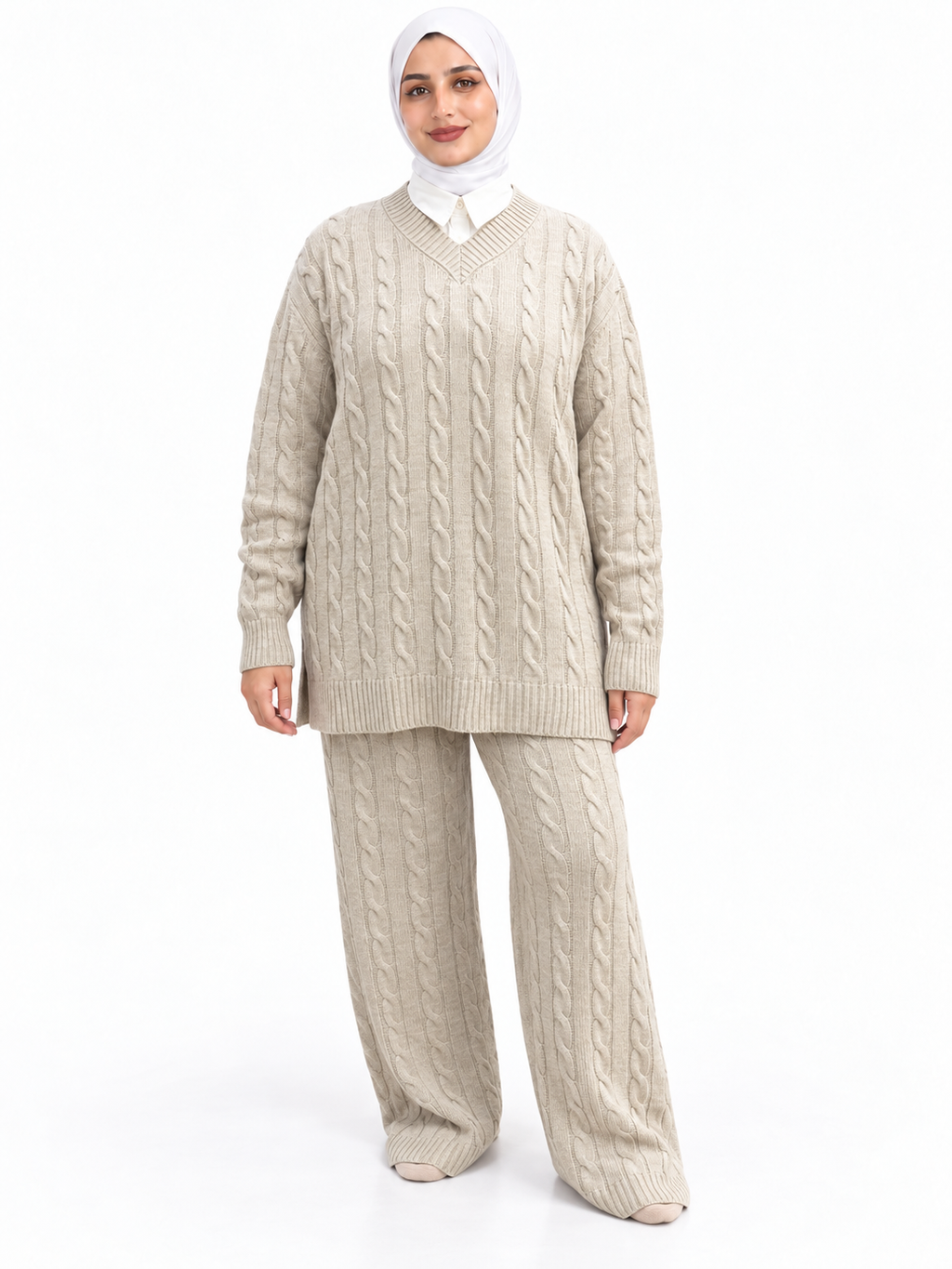 V-Neck Cable Knit Suit – 2 Pieces | ST007