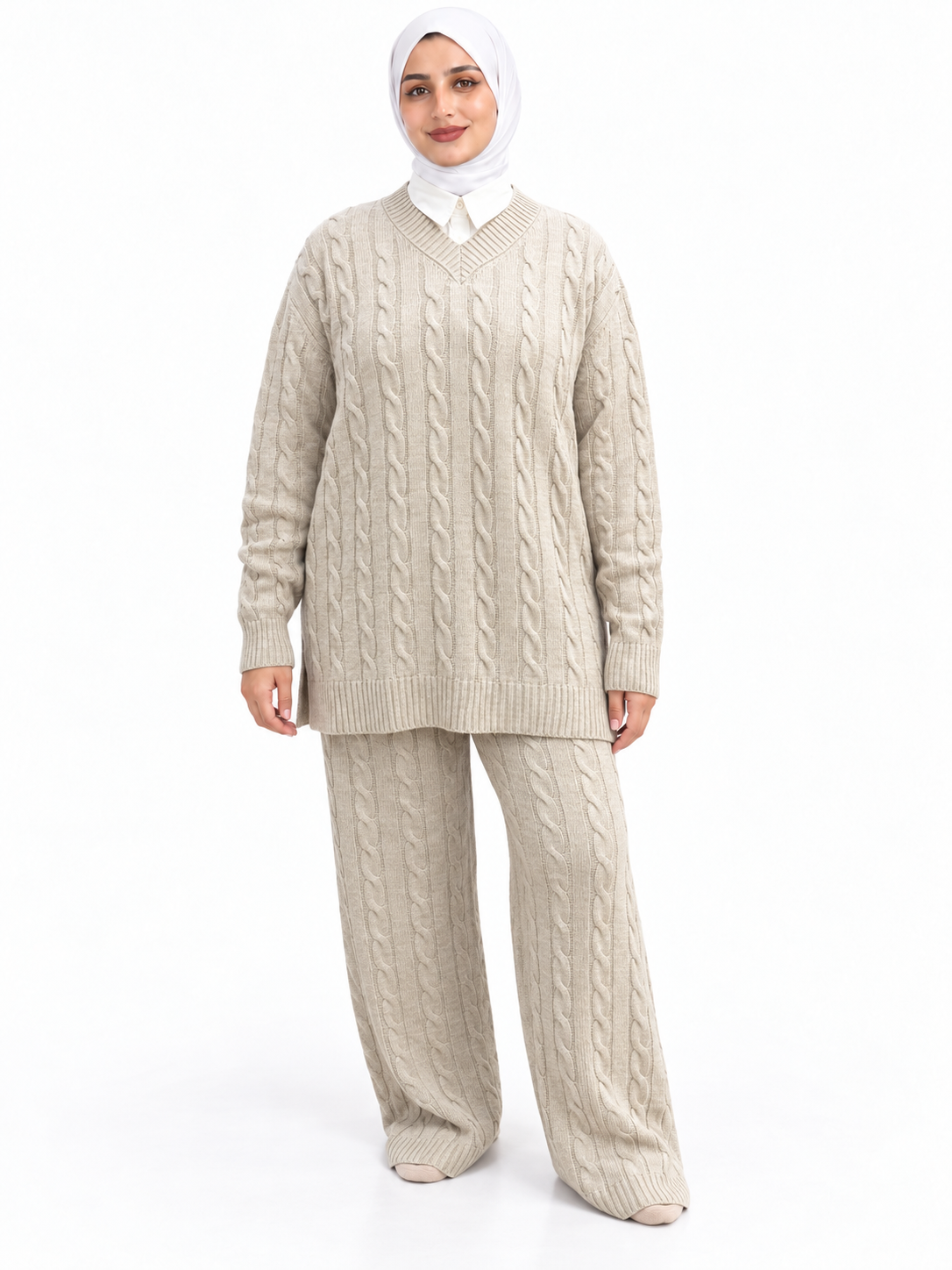 V-Neck Cable Knit Suit – 2 Pieces | ST007